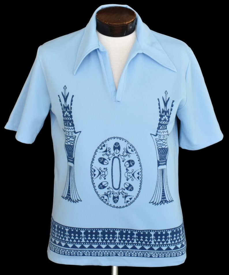 Size Medium to Large Johnny Collar Shirt Vintage 70s Chess Print Polo Shirt 1970s Mod Pullover Disco Shirt Hipster