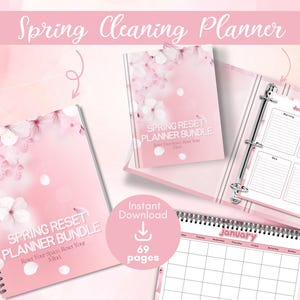 Könnte beinhalten: Ein pinkfarbenes Spring Cleaning Planner-Bundle mit floralen Akzenten. Das Bild zeigt ein spiralgebundenes Notizbuch, einen Ordner und ein kleineres Notizbuch, alle mit dem Text "Spring Reset Planner Bundle". Der Planer enthält tägliche und monatliche Planungsseiten. Das Bild enthält auch den Text "Instant Download" und "69 Seiten."