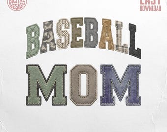Diseño digital PNG de "Mamá de béisbol", letras de parche falso y efecto de aplique para camisetas y regalos / Archivo de manualidades deportivas