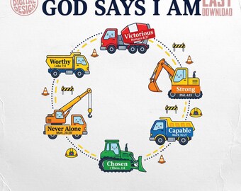 Dios dice que soy fe PNG, diseño digital de construcción para niños, versículos bíblicos cristianos para niños, afirmaciones para la decoración de la habitación infantil, arte para la habitación de niños