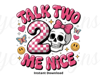 Háblame bien PNG, diseño de camiseta para niña de segundo cumpleaños, cumpleaños de niña pequeña PNG, lazo de calavera a cuadros rosa, diseño de atuendo para cumpleaños de dos años