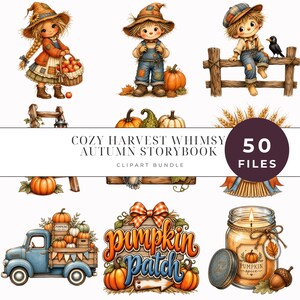 Pode incluir: Um pacote de clipart digital intitulado COZY HARVEST WHIMSY AUTUMN STORYBOOK 50 FILES com ilustrações de espantalhos, abóboras, um caminhão azul, uma vela e elementos de colheita de outono em um fundo branco.