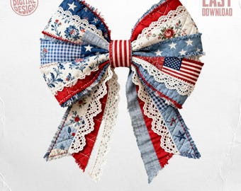 Lazo patriótico PNG, diseño de lazo patchwork del 4 de julio, gráfico de cinta Americana Coquette, descarga de sublimación de tela vintage