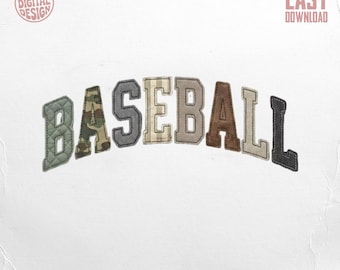 Diseño digital PNG de béisbol con letras de patchwork de tela simulada / Archivo de sublimación texturizado para el día del partido, ideal como regalo para aficionados al deporte.