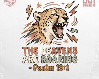Guepardo bohemio vintage PNG, diseño de versículo bíblico cristiano, Los cielos rugen Salmo 19:1, sublimación retro occidental