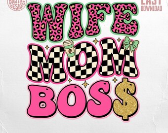 Diseño digital PNG para esposa, mamá y jefa / Arte retro con estampado de leopardo y tablero de ajedrez para mujeres empoderadas / Regalo de descarga instantánea