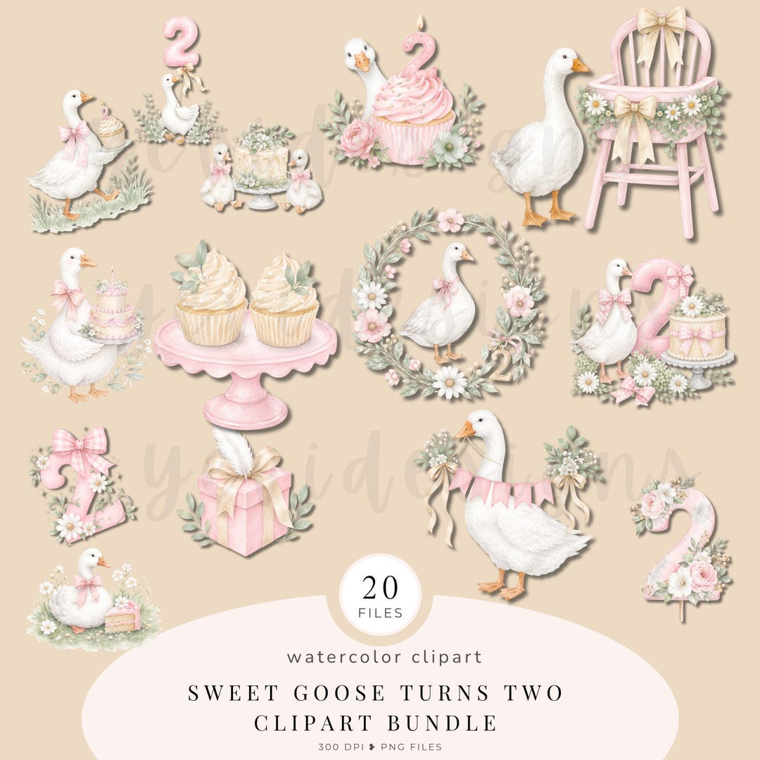 Sweet Goose Turns Two Clipart Bundle | Watercolor Baby Girl Birthday ...