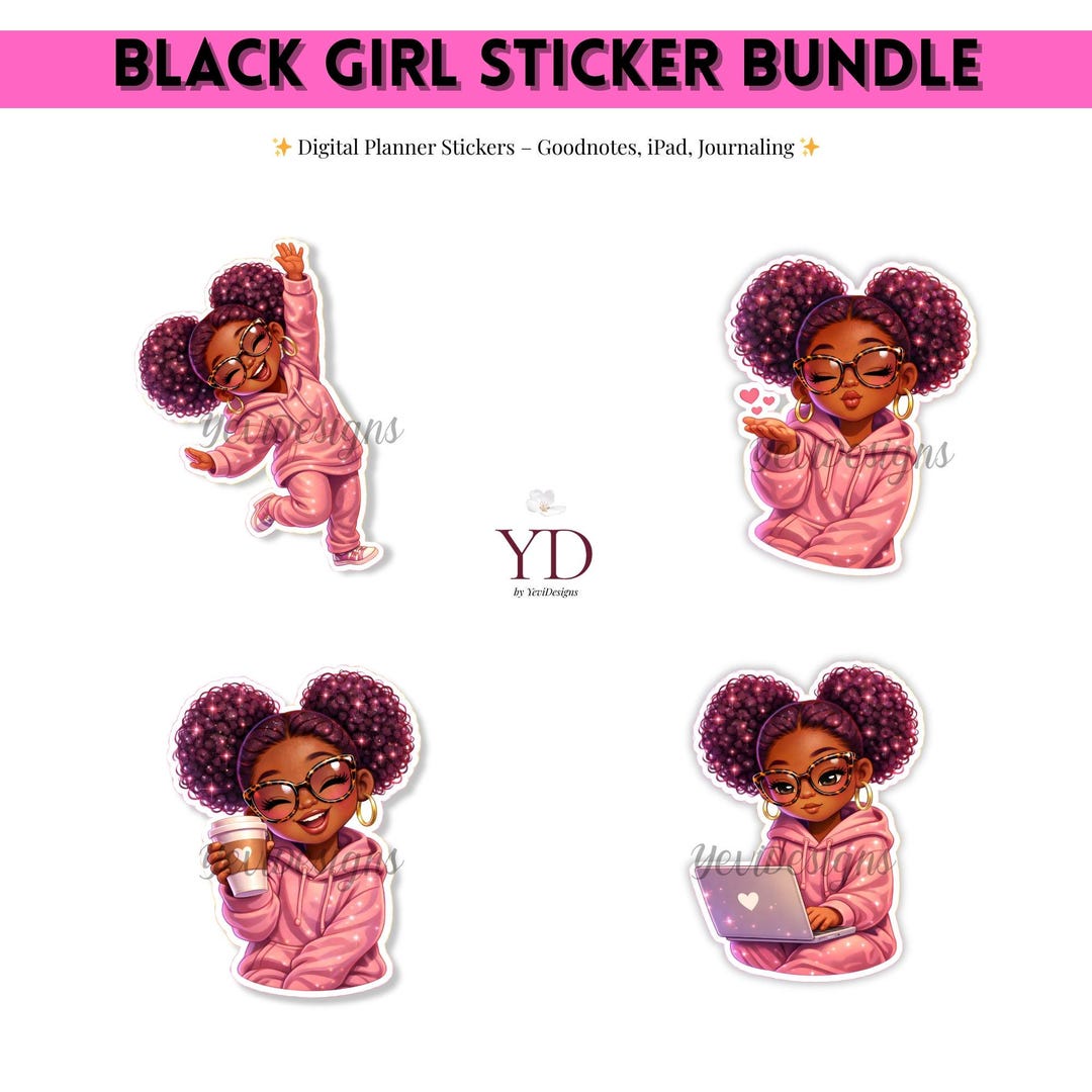 Cozy Black Girl Planner Stickers PNG Bundle – Afro Puffs Digital ...