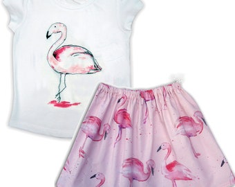 Girl's Flamingo Skirt and T-Shirt Outfit, Kids Clothing, Baby Clothes, Toddler Clothing, Gift for Girls