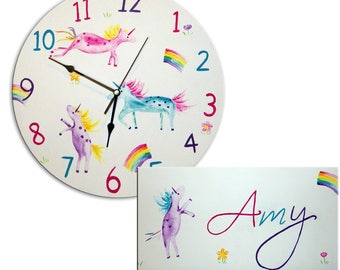 Personalised Unicorn Door Sign and Clock Gift Set, Unicorn Gift, Girls Room, Gift for Girls