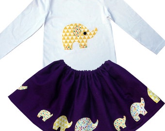 Girl's Elephant Skirt and T-Shirt , Girls Clothing, Toddler Clothing, Elephant Lover, First Birthday Outfit