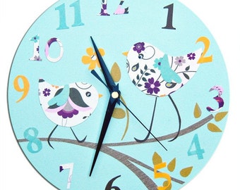 Bird Clock,  Personalised Clock,  Girls Nursery Decor - Blue, Pink, Yellow, Baby Girl Gift, Gift for Girls, Wall Clock