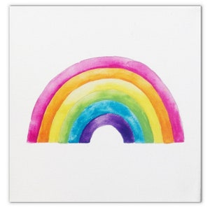 May include: A watercolour painting of a rainbow on a white background. The rainbow displays bands of pink, orange, yellow, green, blue, and purple. The artwork is a vibrant and colourful depiction of a rainbow.