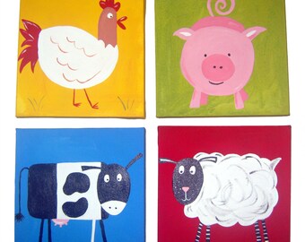 Kids Farm Animal Art, Paintings on Canvas x 4, Nursery Decor, Girls Decor, Boys Decor, Original Art