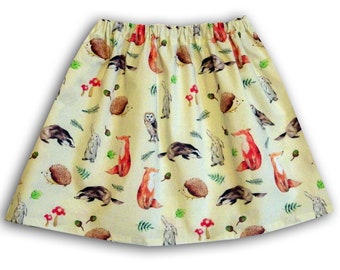 Girl's Wildlife Skirt, Autumn Skirt, Fox Gift, Hedgehog Gift, Girls Clothing, Skirts for Girls, Gifts for Girls