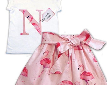 Girl's Flamingo Personalised Skirt and T-shirt Outfit, Personalized Tee, Girls Clothing, Toddler Clothing, Flamingo Gift, Gift for Girls