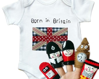 Britain Bodysuit and Finger Puppets Gift Set, Gift for Babies, British Gift, British finger Puppets