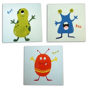 Kids Monster Art - Set of 3, Canvas, Boys Decor, Art for Boys, Nursery Gift