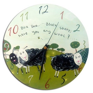 Kids Baa Baa Black Sheep Clock, Nursery Decor, Gift for Girls, First Birthday Gift, Wall Clock image 1