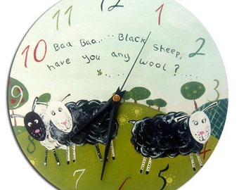 Kids Baa Baa Black Sheep Clock, Nursery Decor, Gift for Girls, First Birthday Gift, Wall Clock