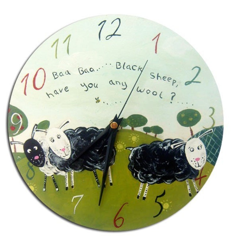 Kids Baa Baa Black Sheep Clock, Nursery Decor, Gift for Girls, First Birthday Gift, Wall Clock image 1