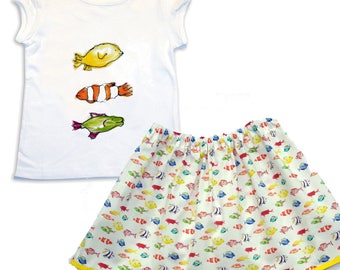 Traje de falda y camiseta de pescado para niña, camiseta de pescado, traje de niña, ropa de niña, ropa para niños pequeños, regalo para niñas