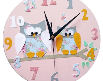 Personalised Owl Clock, Girls Nursery Decor - Blue, Pink, Yellow, Wall Clock, Gift for Owl Lover, Gift for Her