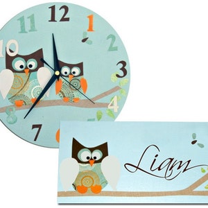 Ensemble cadeau horloge hibou et plaque de porte personnalisée, décoration de chambre d&#39;enfant, cadeau pour bébé, décoration de hibou