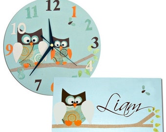Owl Clock and Personalised Door Sign Gift Set, Boys Nursery Decor, Baby Gift, Owl Decor