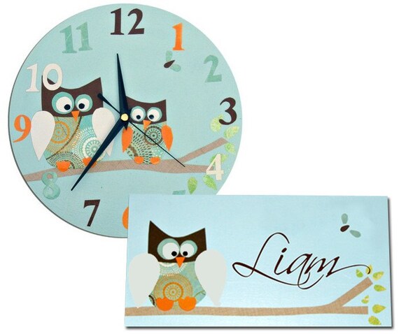 Owl Clock and Personalised Door Sign Gift Set, Boys Nursery Decor, Baby Gift, Owl Decor