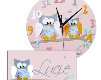 Owl Clock and Personalised Door Sign Gift Set, Girls Clock, Owl Gift, Nursery Decor, Gift for Girls