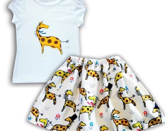 Girl's Giraffe Skirt and T-Shirt Outfit, Kids Clothing, Baby Clothes, Toddler Clothing, Gift for Girls