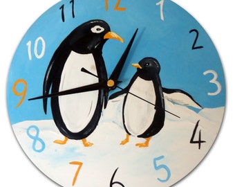 Kids Penguin Clock, Wooden Clock, Penguin Decor, Penguin Gift, Girls Decor