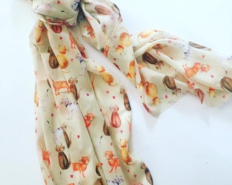 Large Cat Chiffon Scarf, Woman's Scarf, Spring Summer Autumn Scarf, Gifts for her, Mother's Day Gift, Gift for Cat Lover