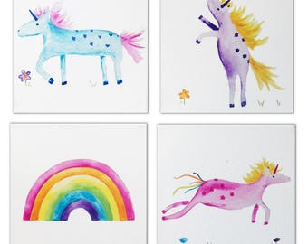 Unicorn and Rainbow Art, Painting on Canvas x 4, Nursery Decor, Girls Room, Unicorn Gift, Gift for Girls