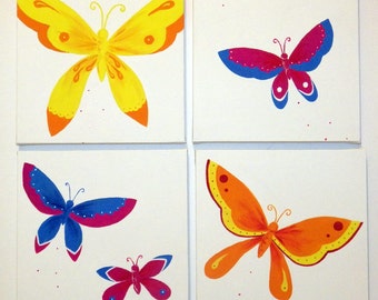 Butterfly Art x 4, Butterfly Painting, Canvas, Nursery Decor, Kids Art, Baby Girl Nursery, Butterfly Decor