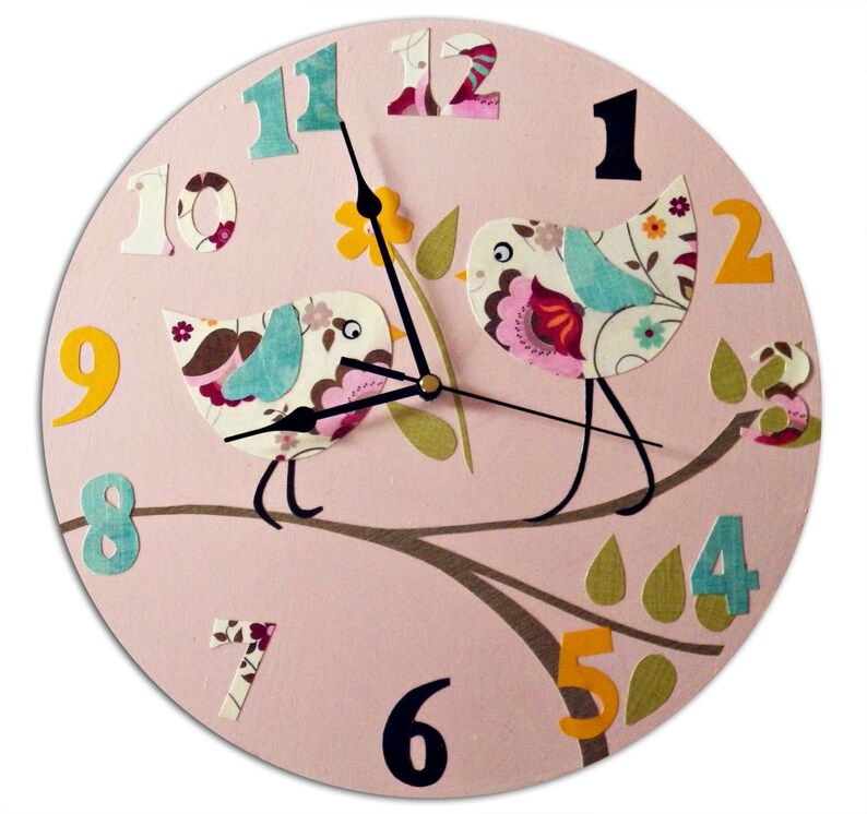 Personalised Bird Clock Nursery Decor Yellow Blue Pink Etsy