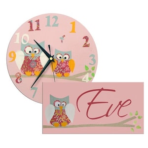 Personalised Owl Clock and Door Sign Gift Set, Nursery Decor, Girls Room, Baby Gift image 1