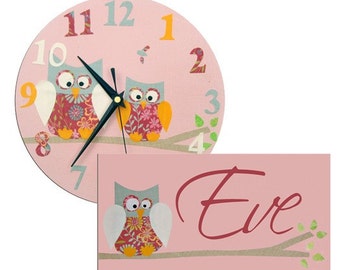 Personalised Owl Clock and Door Sign Gift Set, Nursery Decor, Girls Room, Baby Gift