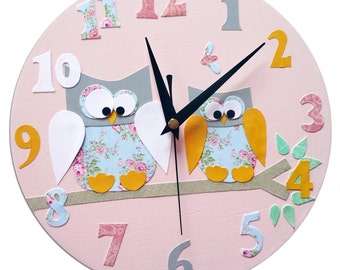 Kids Owl Clock: Personalised Nursery Decor, Pink Wooden Clock