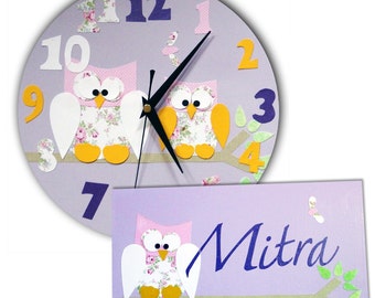 Owl Clock and Personalised Door Sign Gift Set, Personalized Door Sign, Girls Nursery decor, Gift for Girls