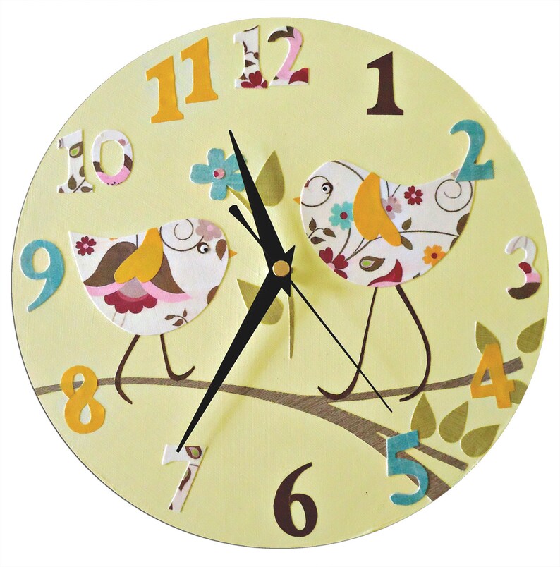 Personalised Bird Clock Nursery Decor Yellow Blue Pink Etsy