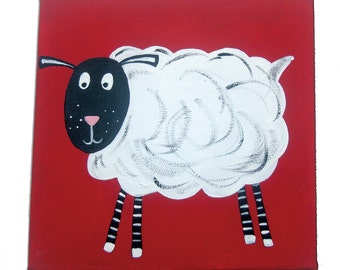 Farm Animal Sheep Art, Painting on Canvas, Farm Decor, Sheep Painting, Baby Boy Nursery, Original Art