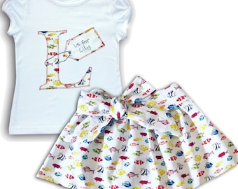 Girl's Personalised Fish Skirt and T-Shirt Outfit, Girls Fish Tee Shirt, Girls Clothing, Fish Gift