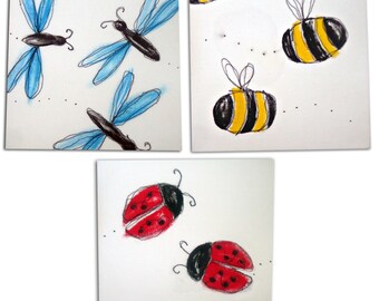 Bee, Ladybird and Dragonfly Art Set of 3 , Bug Nursery Decor, Insect Canvases, Bug Art, Insect Art