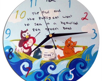 The Owl and the Pussy Cat Clock, Nursery Decor, Boys Room, Wall Clock