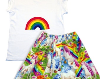 Conjunto de unicornio y arcoíris para niña, falda y camiseta, camiseta arcoíris, ropa para niña, regalo de unicornio