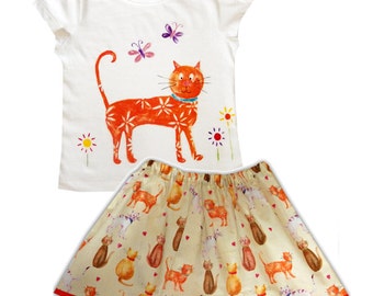 Girls Cat Skirt and T-Shirt / Cat Lover, Gift for Cat Lover, Girls Clothing, Toddler Clothing, Gift for Girls