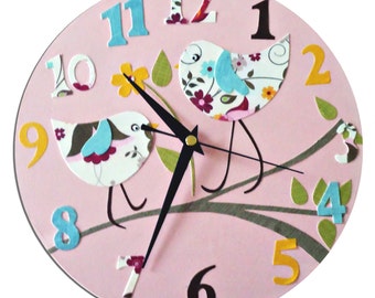 Bird Clock - Blue, Pink, Yellow, Girls Clock, Personalised Clock, Personalized Clock, Baby Girl Nursery, Gift for Girls