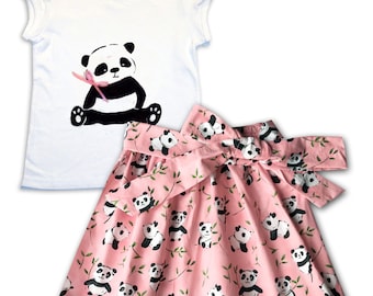 Girl's Panda T-shirt and Skirt Outfit, Girls Clothing, Panda Gift, Gift for Girls